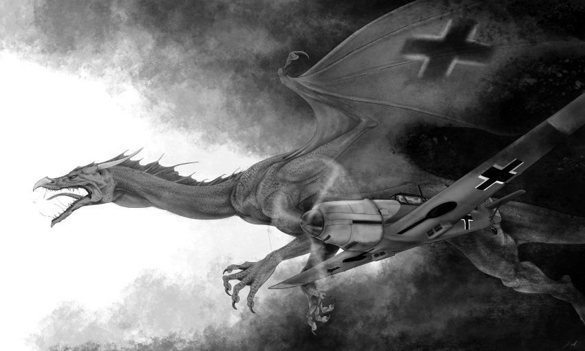 absurd_res aircraft airplane bf_109 bodily_fluids claws dragon fangs feral flying german hi_res jet long_neck long_tongue luftwaffe male messerschmitt monochrome nazi open_mouth paws quadruped saliva scalie solo tagme tongue unknown_artist western_dragon
