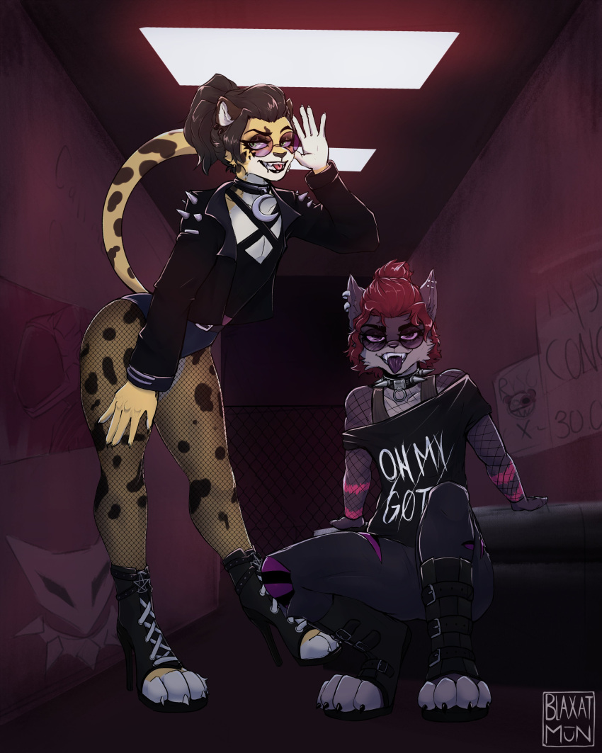 &lt;3 absurd_res anthro blaxat_(artist) blep bodily_fluids boots bottomwear brown_hair cheek_tuft cheetah clothing collar crouching denim denim_clothing dripping drooling duo ear_piercing ear_ring eyelashes eyewear facial_tuft fangs felid feline fishnet fishnet_clothing fishnet_leggings fishnet_legwear fishnet_shirt fishnet_topwear footwear fur girly glasses grey_body grey_fur hair half-closed_eyes hi_res high_heeled_boots high_heels hotpants jacket jeans king_cheetah leather leather_boots leather_clothing leather_footwear leather_jacket leather_topwear legwear lips lynx male male/male mammal narrowed_eyes nikki_duma open_mouth open_smile pants pattern_clothing pattern_legwear pattern_stockings paw_shoes piercing ponytail purple_body purple_fur red_hair saliva saliva_drip saliva_string shirt shorts smile smirk smug smug_face smug_grin spiked_collar spikes spots spotted_body spotted_fur stockings striped_clothing striped_legwear striped_stockings stripes studded_collar tank_top thick_bottom_lip tongue tongue_out topwear torn_bottomwear torn_clothing torn_jeans torn_pants tuft white_body white_fur yellow_body yellow_fur