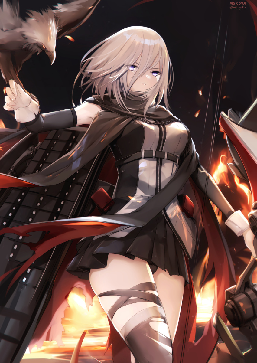 1girl absurdres arm_warmers azur_lane bald_eagle bandaged_leg bandages bangs bare_shoulders belt bird bird_on_hand black_belt black_legwear black_panties black_scarf black_shirt black_skirt bow_(weapon) breasts closed_mouth code_g_(azur_lane) commentary cowboy_shot eagle eyebrows_visible_through_hair fire flight_deck gloves grey_eyes hair_between_eyes hand_up highres holding holding_bow_(weapon) holding_weapon large_breasts long_hair looking_at_viewer miniskirt nekoya_(liu) ocean panties pantyshot partially_unzipped pleated_skirt revision rigging scarf shirt sidelocks signature silver_hair single_glove single_thighhigh skirt sleeveless sleeveless_shirt solo_focus standing standing_on_liquid thighhighs torn_clothes torn_legwear two-tone_shirt underbust underwear very_long_hair weapon white_gloves white_shirt zipper zipper_pull_tab