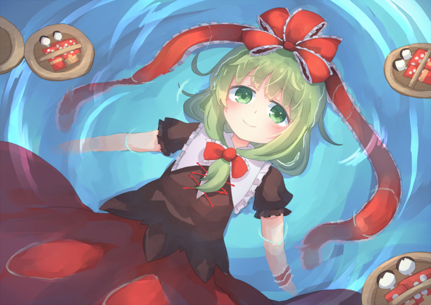 1girl afloat arm_ribbon bangs bow dress frilled_dress frilled_ribbon frilled_sleeves frills front_ponytail green_eyes green_hair hair_bow hair_ribbon hinamatsuri kagiyama_hina kibisake long_dress medium_hair puffy_short_sleeves puffy_sleeves red_dress red_ribbon ribbon short_sleeves touhou water