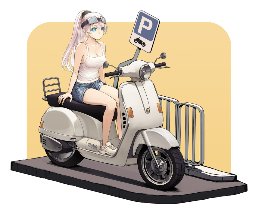 1girl bangs bare_arms bare_shoulders blue_eyes blue_shorts breasts brown_background camisole cleavage closed_mouth commentary_request goggles goggles_on_head hair_between_eyes high_ponytail highres jchoy looking_at_viewer medium_breasts original parking_permissive_sign ponytail railing shoes short_shorts shorts sitting solo two-tone_background white_background white_camisole white_footwear white_hair