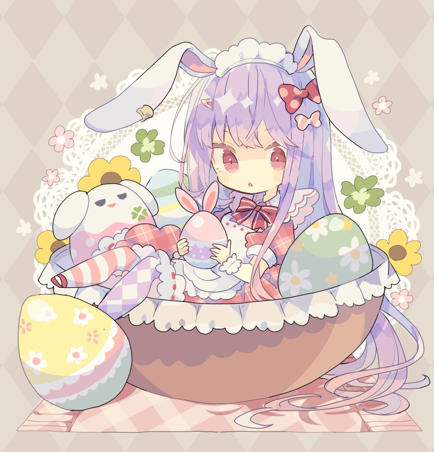 1girl alternate_costume animal_ears apron argyle argyle_background blush bow easter_egg egg hair_between_eyes hair_bow highres holding holding_egg long_hair nikorashi-ka parted_lips pink_hair puffy_short_sleeves puffy_sleeves rabbit_ears red_bow red_eyes reisen_udongein_inaba short_sleeves solo striped striped_bow symbol-only_commentary touhou white_apron