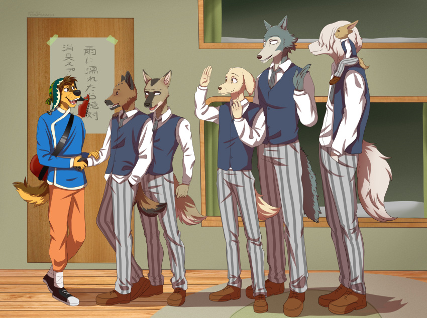 2022 5_fingers anthro beastars bed bird_dog bodi_(rock_dog) bottomwear brown_body brown_fur canid canine canis claws clothed clothing collot_(beastars) coyote crossover digital_media_(artwork) domestic_dog dormitory durham_(beastars) fennec finger_claws fingers fox fur furniture grey_body grey_fur group guitar hair hair_over_eyes hat headgear headwear herding_dog hi_res humanoid_hands hunting_dog hyaenid jack_(beastars) labrador legoshi_(beastars) livestock_guardian_dog looking_at_another male mammal miguno_(beastars) molosser mountain_dog multicolored_body multicolored_fur musical_instrument necktie old_english_sheepdog open_mouth open_smile pants pastoral_dog pattern_bottomwear pattern_clothing pattern_pants plucked_string_instrument retriever rock_dog school_uniform sheepdog sherpa_hat signature sitting_on_shoulder smile spots spotted_body spotted_fur spotted_hyena standing string_instrument striped_bottomwear striped_clothing striped_pants stripes tan_body tan_fur teeth tibetan_mountain_dog tommysamash tongue topwear tunic two_tone_body two_tone_fur uniform vest voss_(beastars) white_body white_fur wolf