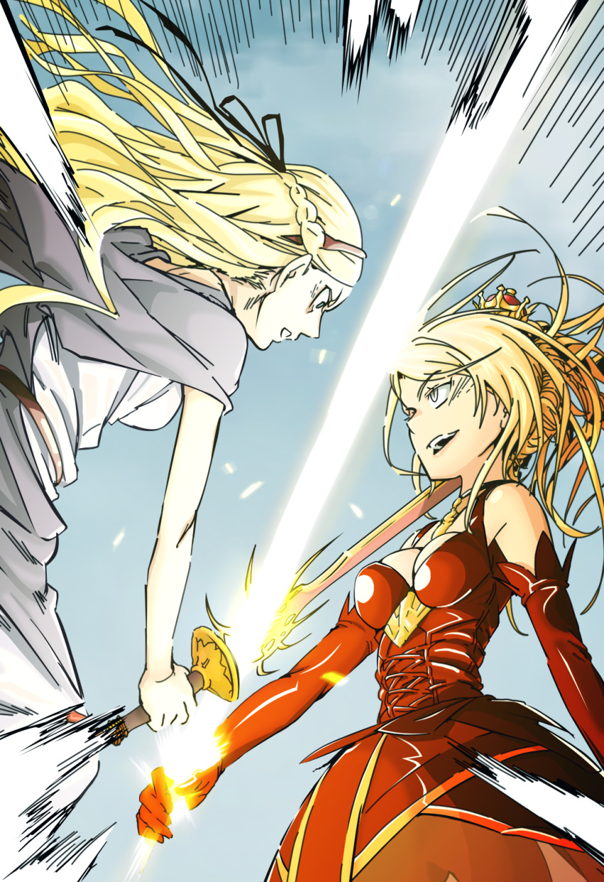 2girls action attack bare_shoulders battle blonde_hair blue_eyes breasts carissa cleavage colorized day dress duel elbow_gloves energy energy_sword eyebrows_visible_through_hair fantasy from_below from_side gazing_eye gloves glowing glowing_sword glowing_weapon haimura_kiyotaka highres holding holding_sword holding_weapon long_hair looking_at_another magic maiden_of_versailles medium_breasts multiple_girls novel_illustration official_art open_mouth outdoors red_dress red_gloves smile sword teeth toaru_majutsu_no_index upper_body upper_teeth weapon