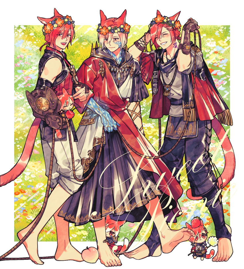 6+boys animal_ears apple bangs barefoot black_pants cat_boy cat_ears cat_tail cherry chibi closed_eyes commentary_request crystal crystal_exarch elbow_pads facial_mark final_fantasy final_fantasy_xiv flower flower_wreath food food_on_head fringe_trim fruit fruit_on_head full_body g'raha_tia gradient_hair hair_between_eyes head_wreath highres holding holding_flower holding_rope hood hood_down hooded_robe horu97 korean_commentary male_focus meadow miniboy miqo'te multicolored_hair multiple_boys multiple_persona neck_tattoo object_on_head open_mouth pants peach red_eyes red_hair rope short_hair short_ponytail smile stirrup_legwear strawberry tail tattoo toeless_legwear toga vambraces white_pants