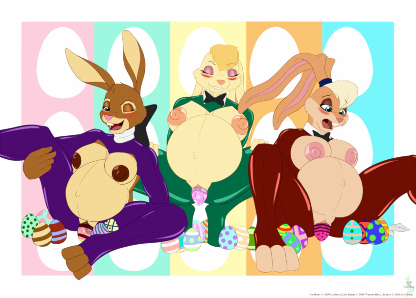 activision anthro bedroom_eyes belly bianca_(spyro) big_belly big_breasts big_nipples blush bodily_fluids breasts cadbury cadbury_bunny clothed clothing digital_media_(artwork) easter egg female genitals group half-closed_eyes hands_behind_back holidays jorge-the-wolfdog lagomorph leggings legwear leporid lola_bunny looking_at_viewer looney_tunes mammal mascot narrowed_eyes neck_bow nipples open_mouth orgasm oviposition playboy_outfit pregnant pregnant_female pussy rabbit revealing_outfit seductive simple_background smile smiling_at_viewer solo space_jam spread_legs spreading spyro_the_dragon squatting_position topless topless_female video_games warner_brothers