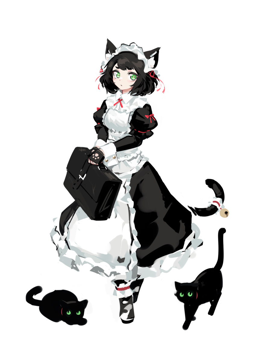 1girl absurdres animal_ears bag bangs bell black_cat black_hair cat cat_ears cat_tail deel_(rkeg) fingerless_gloves gloves green_eyes highres long_sleeves looking_at_viewer maid maid_headdress original puffy_long_sleeves puffy_sleeves satchel short_hair solo tail tail_bell tail_ornament white_background