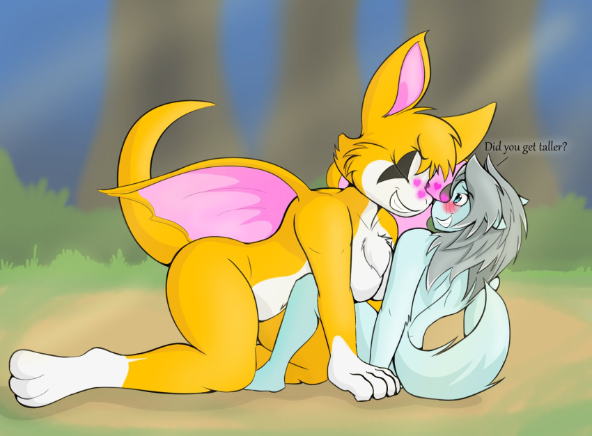 &lt;3 anthro bendemie blue_body blue_eyes blue_fur blush breasts canid canine canis chiropteran curvaceous curvy_figure digital_media_(artwork) duo dust:_an_elysian_tail dust_(elysian_tail) eyes_closed featureless_breasts female fidget_(elysian_tail) forest fur grey_hair hair hi_res larger_anthro larger_female male mammal membrane_(anatomy) membranous_wings navel nimbat nude nuzzling open_mouth orange_body orange_fur orange_hair plant simple_background size_difference smaller_anthro smaller_male tree video_games voluptuous wings wolf