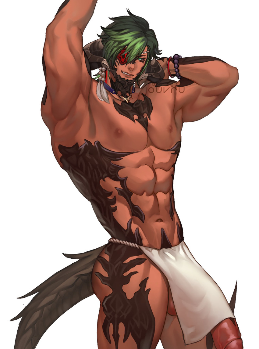 1boy abs au_ra bara clothes_lift commission curled_horns dark-skinned_male dark_skin dragon_boy dragon_horns dragon_tail english_commentary feet_out_of_frame final_fantasy final_fantasy_xiv flaccid green_hair highres horns huge_penis jouvru large_pectorals male_focus multicolored_hair muscular muscular_male navel nipples out-of-frame_censoring pectorals pelvic_curtain pelvic_curtain_lift penis pointy_ears short_hair solo stomach tail thick_thighs thighs topless_male two-tone_hair
