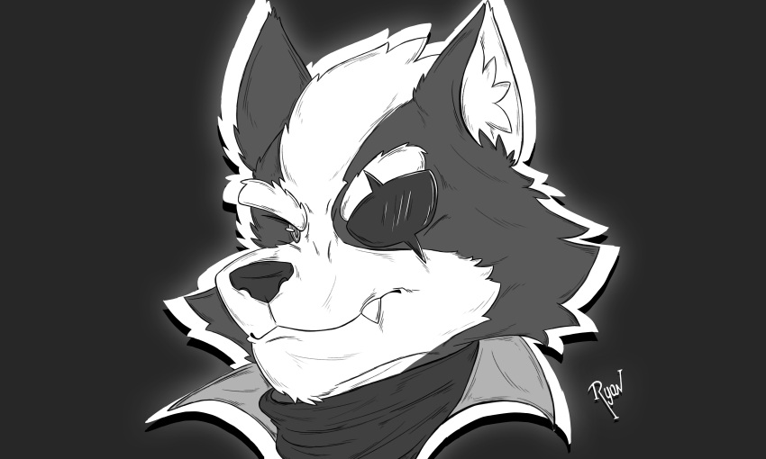 absurd_res anthro black_and_white canid canine canis eye_patch eyewear furrytober hi_res icon kuma_richards male mammal monochrome nintendo solo star_fox video_games wolf wolf_o'donnell