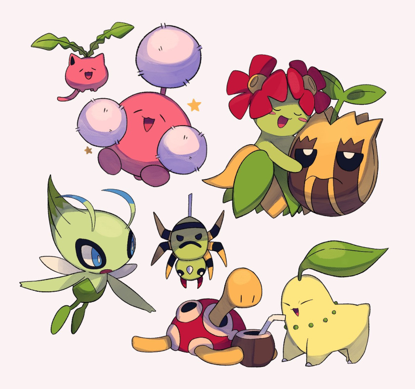 :d alternate_color bellossom blue_eyes blush_stickers bright_pupils celebi chikorita closed_eyes commentary_request cup drinking_straw highres holding hoppip hug jumpluff no_humans open_mouth pokemon pokemon_(creature) shiny_pokemon shuckle simple_background smile spinarak star_(symbol) sunkern tongue tyako_089 u_u white_background white_pupils