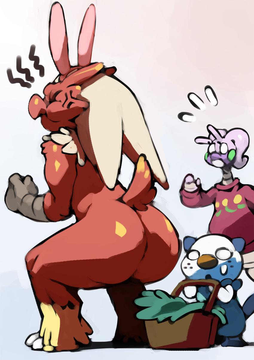 anthro big_butt bittenhard blaziken butt easter female goodra group hi_res holidays imminent_scat male nintendo oshawott pok&eacute;mon pok&eacute;mon_(species) trio video_games