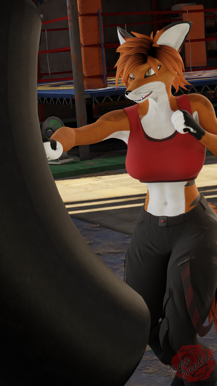 3d_(artwork) 9:16 absurd_res anthro blender_(software) bottomwear boxing breasts canid canine clenched_teeth clothed clothing digital_media_(artwork) female fox fur gym gym_bottomwear gym_clothing hair hi_res mammal punching_bag rosecreates shirt solo sport teeth topwear