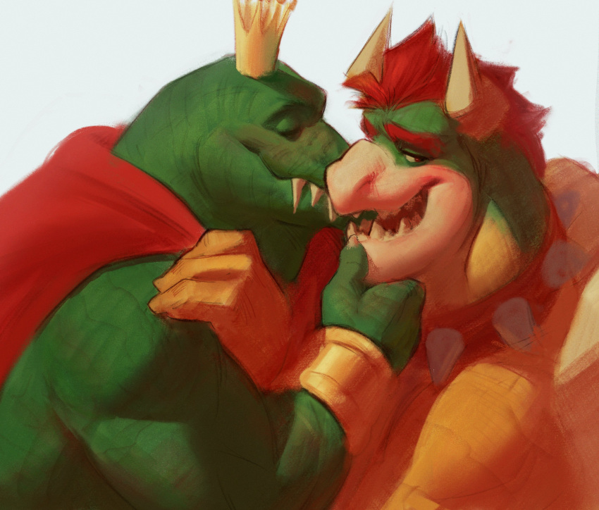 2022 absurd_res anthro anthro_on_anthro armor bowser bracers cape claws clothing collar crocodilian crown donkey_kong_(series) duo embrace eyebrows eyes_closed grey_background hair hand_on_chin hand_on_shoulder hi_res horn king_k._rool kissing koopa kremling male male/male mario_bros marshy_(artist) narrowed_eyes nintendo open_mouth open_smile reptile romantic scalie sharp_teeth shell simple_background smile spiked_collar spikes teeth tongue video_games