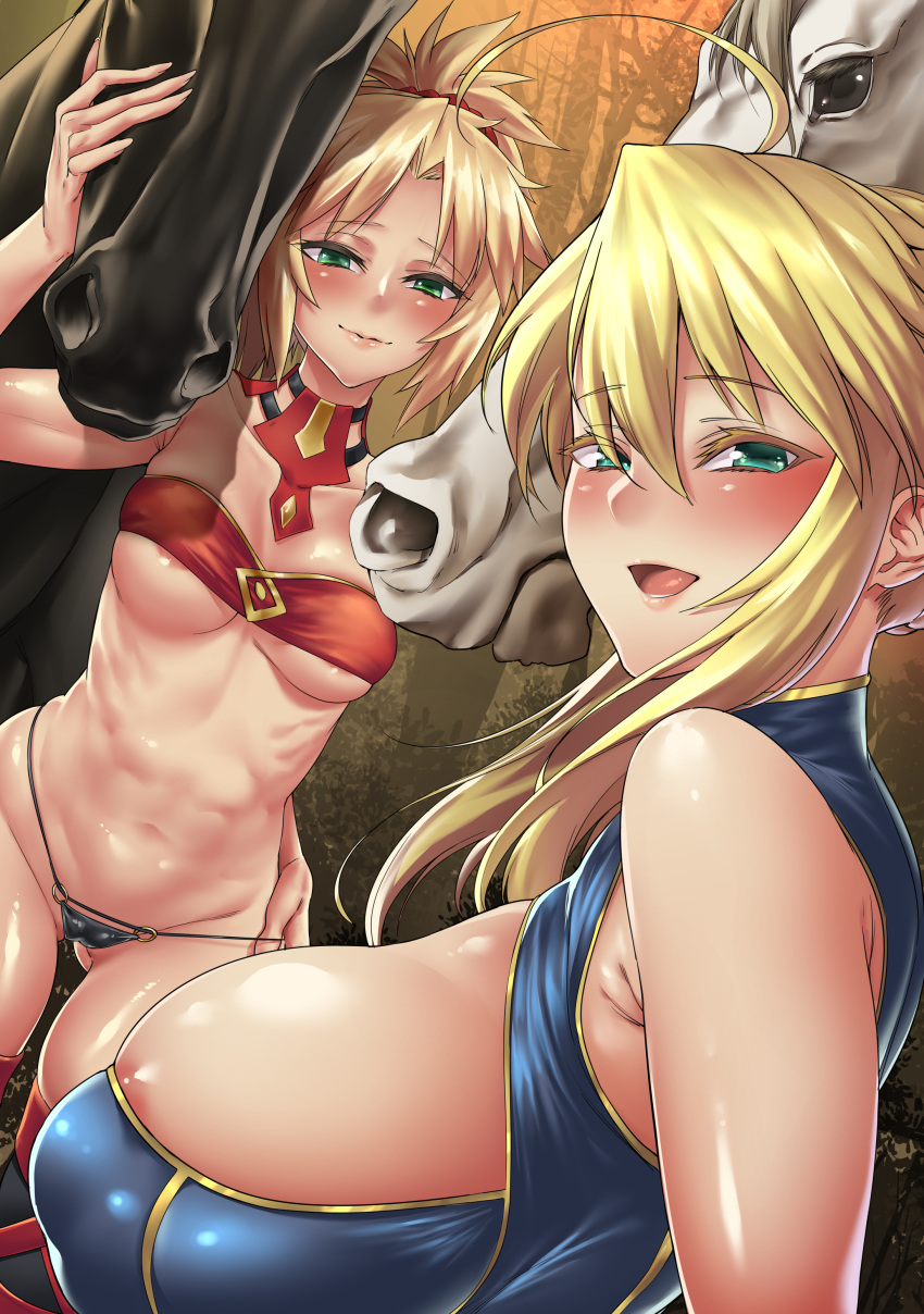 absurd_res ahoge artoria_pendragon bestiality big_breasts blonde_hair breasts breath cleavage cleavage_cutout clothed clothing crown curvaceous curvy_figure equid equine eyebrow_through_hair eyebrows f.w.zholic fate_(series) female feral french_braid green_eyes group hair hi_res horse huge_breasts human human_on_feral imminent_bestiality imminent_sex interspecies lancer_artoria_pendragon leotard long_hair looking_at_viewer male male/female mammal mane mature_female mordred_(fate) naughty_face open_mouth panting saber_of_red sex small_breasts smile standing thick_thighs tied_hair translucent translucent_hair voluptuous wide_hips