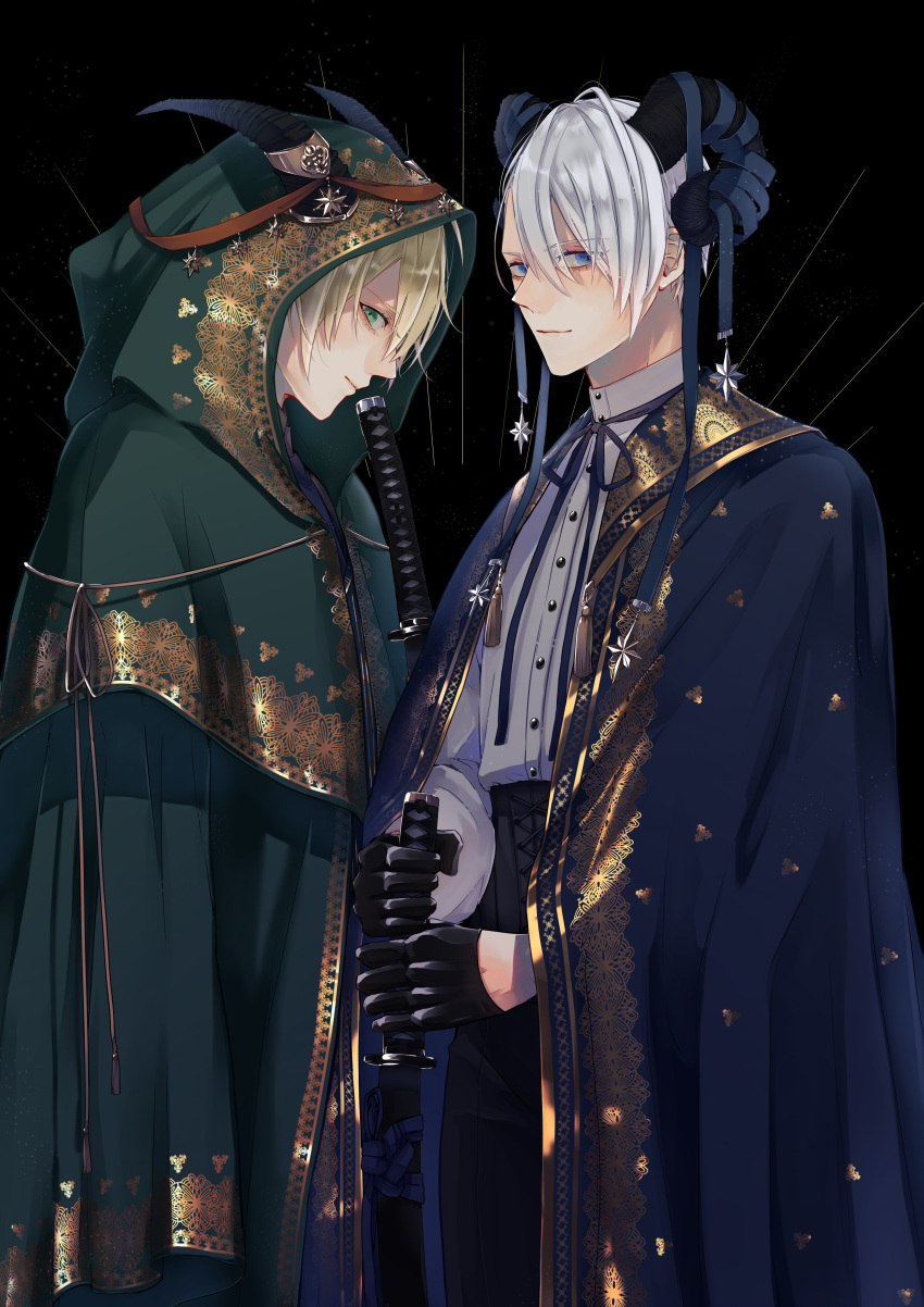 2boys absurdres black_background black_gloves black_pants blonde_hair blue_cloak blue_eyes blue_ribbon capelet cloak closed_mouth collared_shirt cowboy_shot curled_horns frown gemini gloves gold_trim green_capelet green_cloak green_eyes hair_between_eyes hair_ornament half_gloves highres holding holding_sword holding_weapon hood hood_up hooded_cloak horn_ornament horn_ribbon horn_ring horns katana long_sleeves looking_at_viewer male_focus maro_(m_r_6717) multiple_boys neck_ribbon pants profile ribbon shirt sideways_glance simple_background smile star_(symbol) star_ornament string sword touken_ranbu weapon white_hair white_shirt yamanbagiri_chougi yamanbagiri_kunihiro