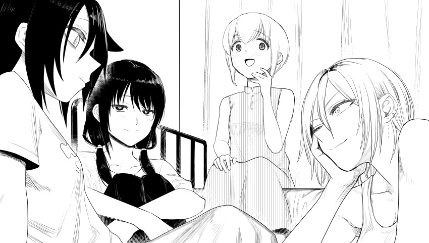 4girls :d absurdres bags_under_eyes bangs bed bedroom blush breasts buttons casual cleavage closed_mouth collarbone commentary_request curtains dress ear_piercing earrings eyebrows_visible_through_hair greyscale hair_between_eyes hand_on_own_cheek hand_on_own_face hand_up happy highres hugging_own_legs indoors jewelry knees_up koma_neko kuroki_tomoko long_hair looking_at_another looking_at_viewer low_twintails monochrome multiple_girls on_bed open_mouth piercing shirt short_hair short_sleeves sitting sleeveless sleeveless_dress smile split_mouth tamura_yuri tanaka_mako tank_top twintails watashi_ga_motenai_no_wa_dou_kangaetemo_omaera_ga_warui! yoshida_masaki