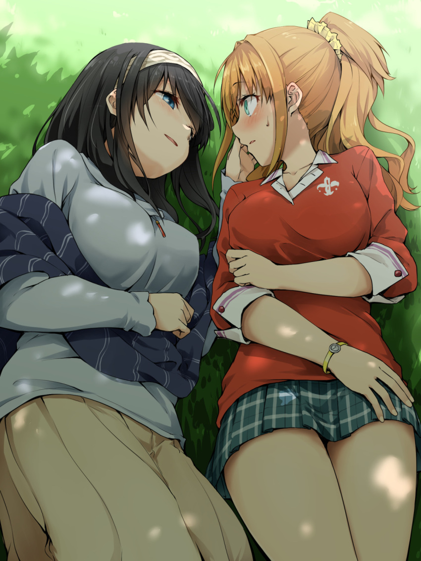 2girls :d black_hair blue_shirt blush breasts eye_contact facing_another grass hand_on_another's_cheek hand_on_another's_face highres hino_akane_(idolmaster) idolmaster idolmaster_cinderella_girls kagiana large_breasts looking_at_another lying multiple_girls on_back on_side orange_hair outdoors plaid plaid_skirt pleated_skirt ponytail profile red_shirt sagisawa_fumika shawl shirt skirt smile sweatdrop yuri