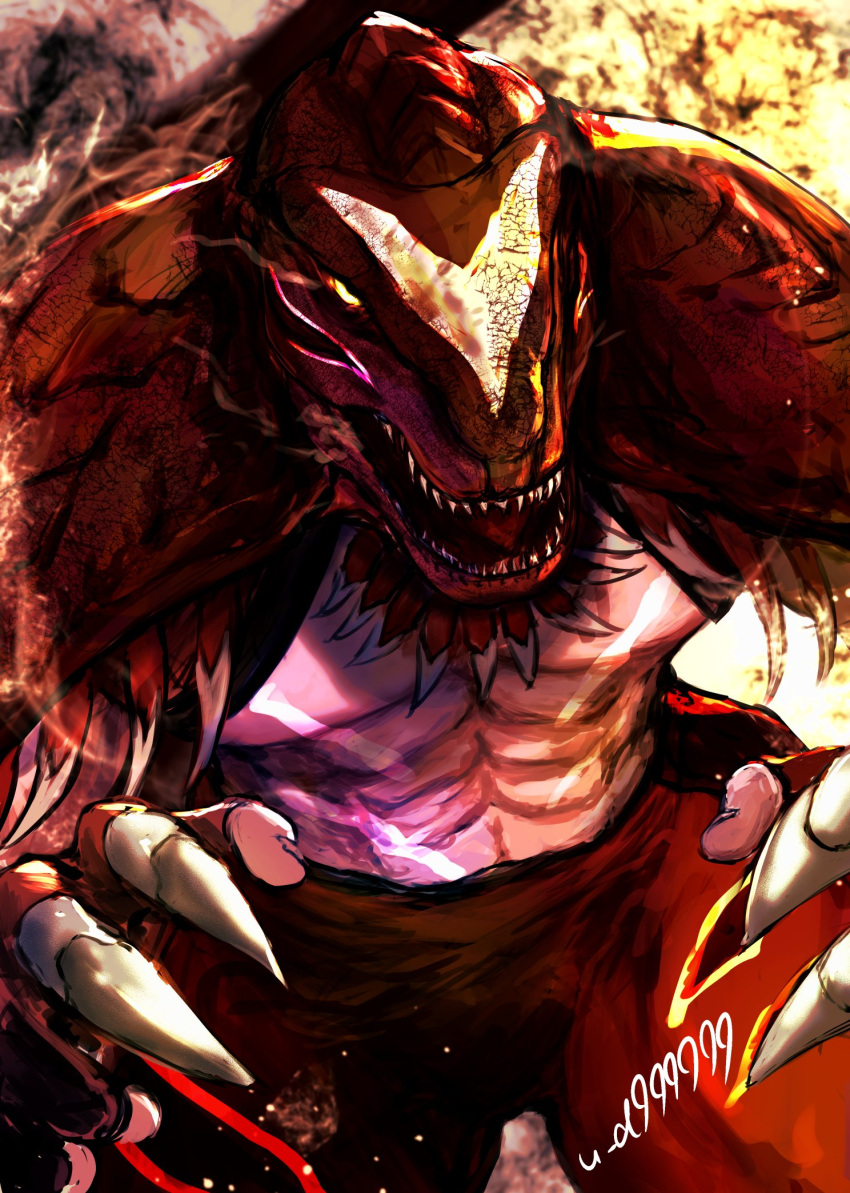 1boy abs animal_costume bare_pectorals claws costume dinosaur dinosaur_boy dinosaur_costume dinosaur_tail fangs feathers highres king_of_dinosaurs large_pectorals luchador luchador_mask muscular muscular_male pectorals snk tail the_king_of_fighters the_king_of_fighters_xiv topless_male yuu_(primenumber7)