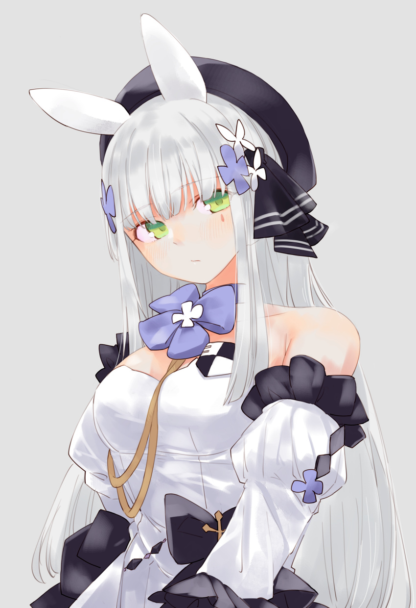 1girl animal_ears bare_shoulders beret breasts choker dress eyebrows_visible_through_hair girls'_frontline green_eyes hair_ornament hat highres hk416_(girls'_frontline) hk416_(herbal-flavored_hard_candy)_(girls'_frontline) long_hair masshigura off_shoulder official_alternate_costume rabbit_ears solo strapless strapless_dress teardrop_facial_mark teardrop_tattoo white_hair x_hair_ornament