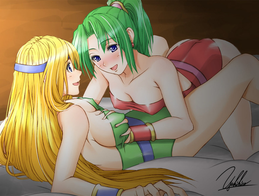 2girls bed blonde_hair blue_eyes blush breast_grab breasts celes_chere cleavage deep_skin erect_nipples final_fantasy final_fantasy_vi grabbing green_hair headband long_hair lying multiple_girls open_mouth signature smile terra_branford tina_branford yukihiro yuri