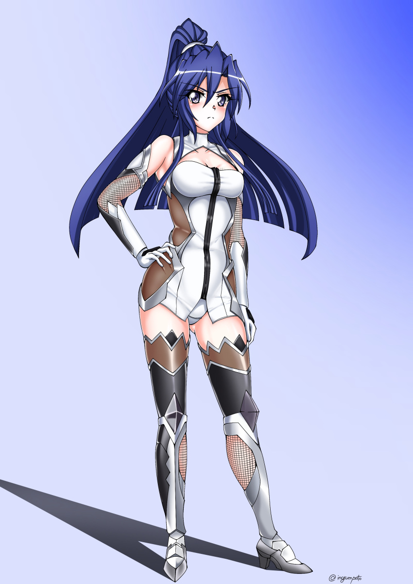 1girl absurdres bare_shoulders black_legwear blue_eyes blue_hair blush bodysuit breasts cleavage cosplay crossover elbow_gloves fishnets gloves hair_between_eyes highres impossible_clothes impossible_leotard kazanari_tsubasa kyomeihibiki leotard long_hair looking_at_viewer medium_breasts ponytail senki_zesshou_symphogear showgirl_skirt solo taimanin_(series) taimanin_murasaki taimanin_suit thighhighs underwear unitard very_long_hair yatsu_murasaki yatsu_murasaki_(cosplay)