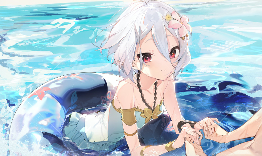 1boy 1girl aida_(chinhung0612) armlet flower grey_hair hair_between_eyes hair_flower hair_ornament hands highres holding_hands innertube kokkoro_(princess_connect!) looking_at_viewer partially_submerged princess_connect! red_eyes short_hair smile water