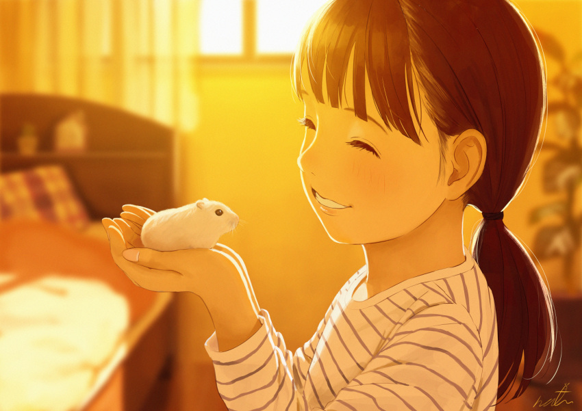 1girl animal bed brown_hair closed_eyes commentary hamster hands_up holding holding_animal horizontal_stripes long_sleeves medium_hair original papi_(papiron100) parted_lips plant ponytail potted_plant shirt smile solo striped sunset white_shirt window