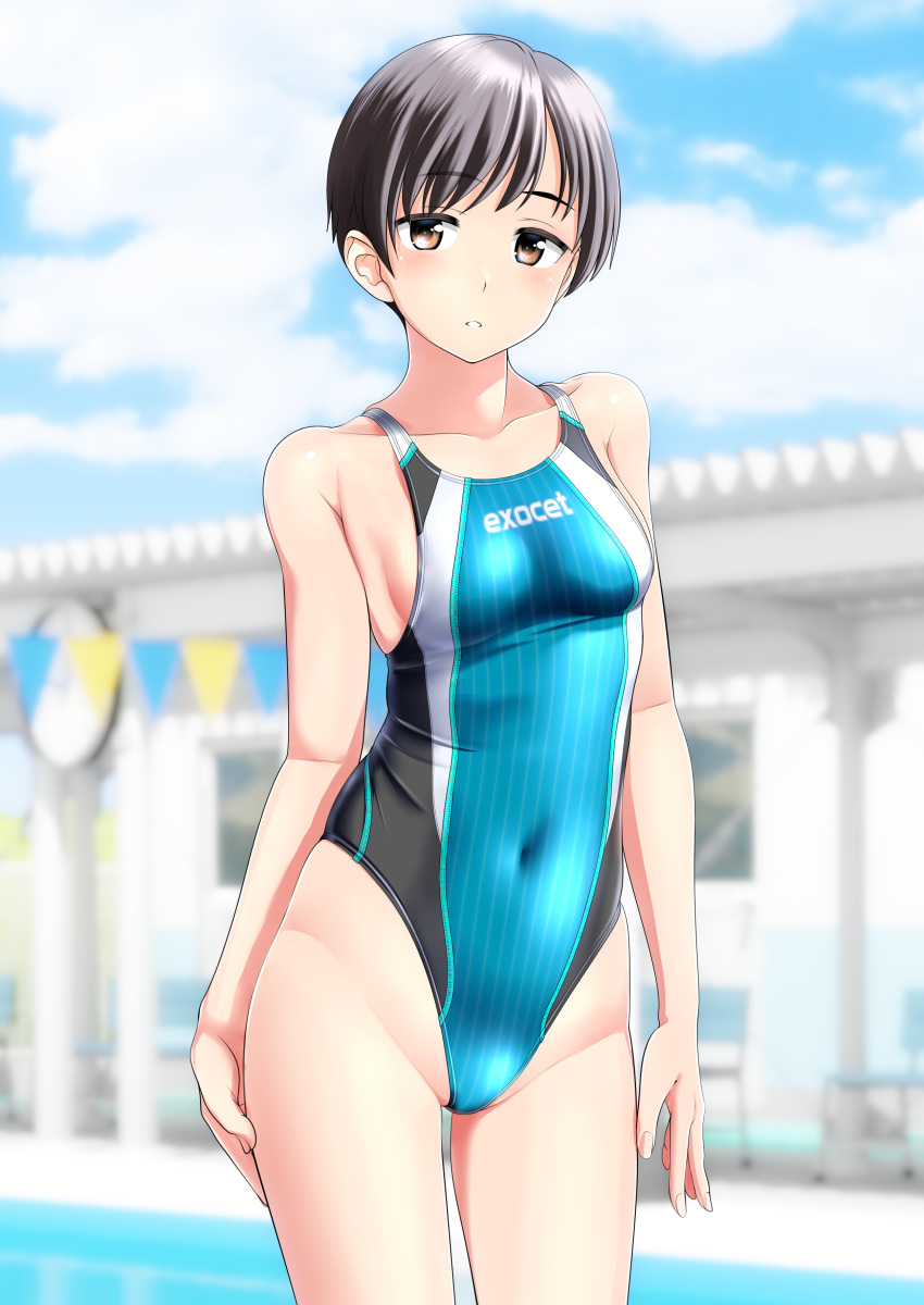 1girl absurdres aqua_swimsuit black_hair blue_sky blurry blurry_background breasts brown_eyes cloud commentary_request competition_swimsuit covered_navel cowboy_shot day highres multicolored_clothes multicolored_swimsuit one-piece_swimsuit original outdoors short_hair sky small_breasts solo standing string_of_flags swimsuit takafumi