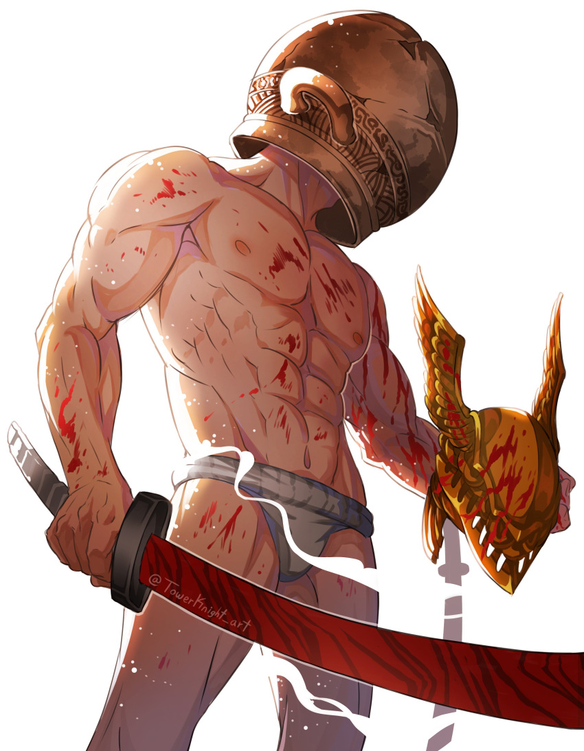 1boy absurdres blood blood_on_weapon blood_splatter contrapposto elden_ring helmet highres holding holding_helmet holding_sword holding_weapon katana let_me_solo_her male_focus planted planted_sword pot_on_head simple_background solo standing sword tarnished_(elden_ring) topless_male towerknight_art weapon white_background winged_helmet