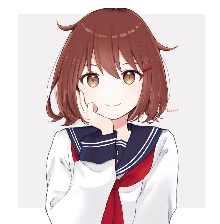 1girl black_sailor_collar brown_eyes brown_hair hair_ornament hairclip hand_on_own_face highres ikazuchi_(kancolle) kantai_collection lacroa looking_at_viewer neckerchief one-hour_drawing_challenge red_neckerchief sailor_collar school_uniform serafuku short_hair smile solo upper_body