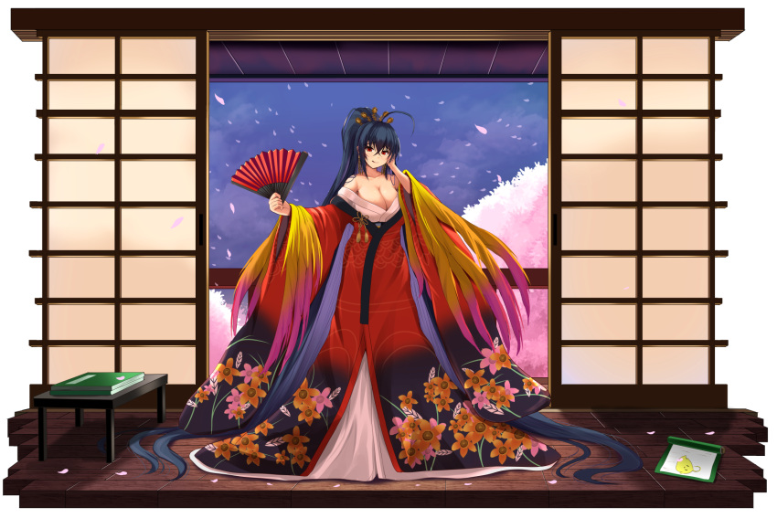 1girl ahoge architecture azur_lane bangs black_hair breasts cherry_blossoms collarbone crossed_bangs east_asian_architecture feathers hand_fan highres hiki_furisode japanese_clothes kanzaki_kureha large_breasts long_hair off_shoulder petals ponytail red_eyes sliding_doors solo standing taihou_(azur_lane) wooden_floor