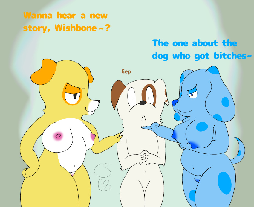 2022 absurd_res anthro belly blue's_clues blue_(blue's_clues) breasts canid canine canis catscratch08th devious_grin dialogue digital_drawing_(artwork) digital_media_(artwork) domestic_dog female genitals group group_sex hi_res male male/female mammal martha_lorraine martha_speaks nervous nickelodeon nipples pbs peer_pressure pussy sex thick_thighs threesome trio wishbone_(character) wishbone_(tv_series)