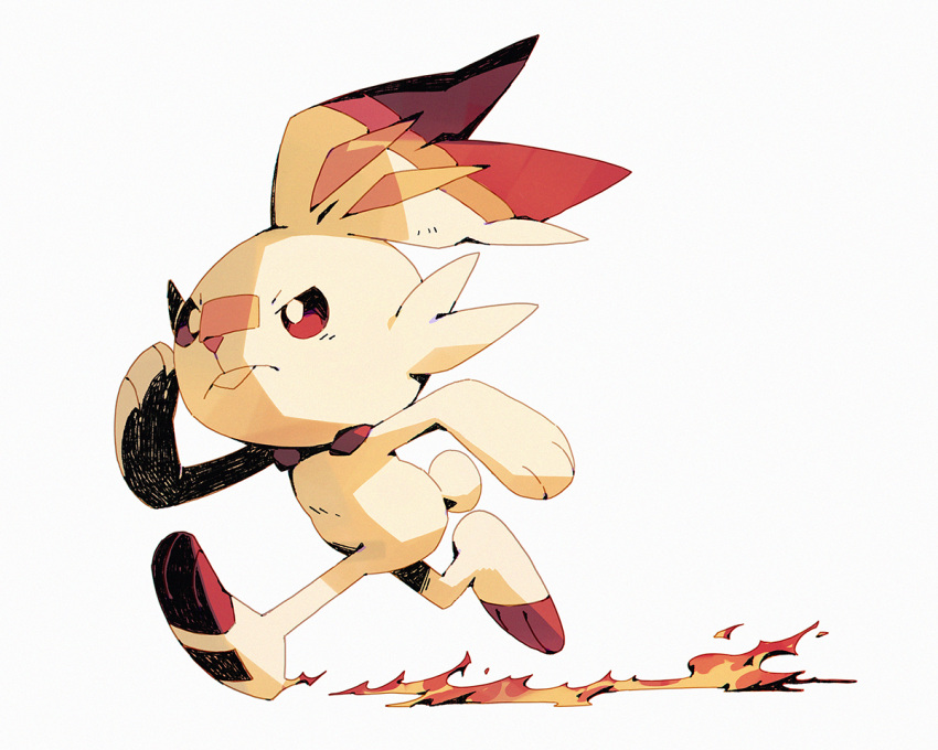 bluekomadori bright_pupils commentary fire from_side full_body no_humans pokemon pokemon_(creature) red_eyes running scorbunny simple_background solo white_background white_pupils