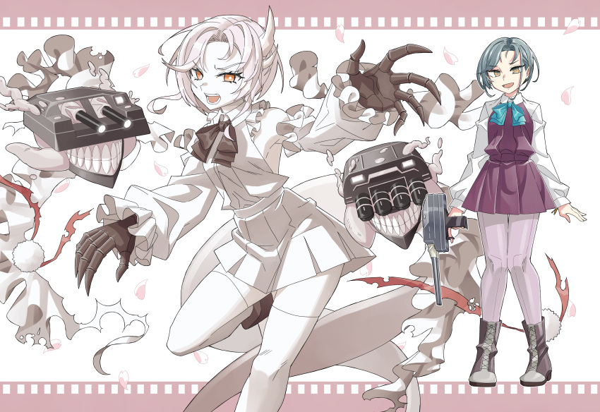 2girls absurdres abyssal_jade_princess abyssal_ship adapted_turret aqua_bow aqua_bowtie bangs bow bowtie cannon colored_skin dress forehead grey_hair grey_legwear halterneck highres kantai_collection mole mole_on_neck multiple_girls ndkazh pantyhose pleated_dress rigging shirt short_hair swept_bangs tamanami_(kancolle) white_hair white_shirt white_skin yellow_eyes