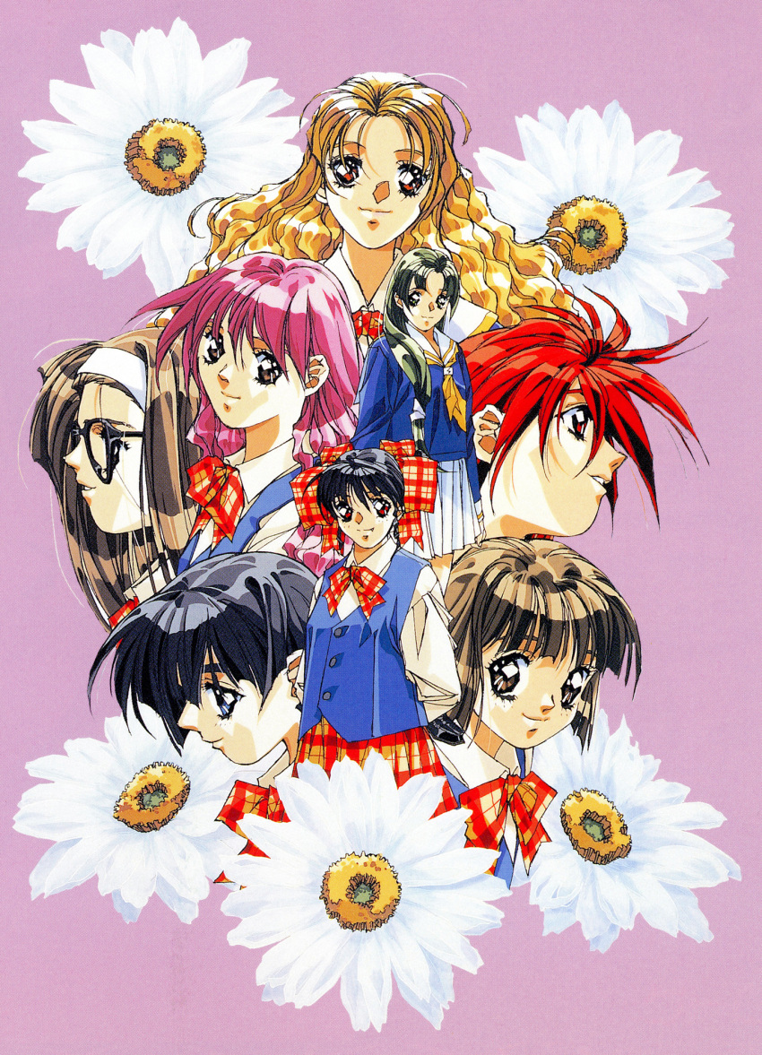 1990s_(style) 6+girls arms_behind_back bangs black-framed_eyewear black_hair blonde_hair blue_eyes blue_vest brown_eyes brown_hair doukyuusei_2 flower hair_over_shoulder hairband highres light_smile long_bangs long_hair long_sleeves looking_at_viewer maijima_karen minamikawa_youko miniskirt mizuno_tomomi multiple_girls narusawa_yui neckerchief non-web_source official_art parted_lips pink_eyes pink_hair plaid plaid_skirt pleated_skirt profile red_eyes red_hair retro_artstyle scan school_uniform shinohara_izumi short_hair skirt smile sugimoto_sakurako takei_masaki tsuzuki_kozue vest