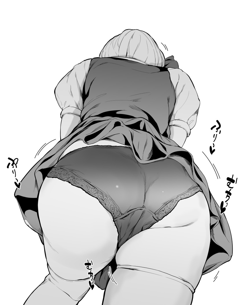 1girl absurdres ass black_hairband bob_cut collared_shirt from_behind greyscale hairband highres konpaku_youmu mayonaka_taruho monochrome panties puffy_short_sleeves puffy_sleeves shirt short_hair short_sleeves silver_hair simple_background skirt skirt_set solo thighhighs touhou translation_request underwear vest white_background white_shirt