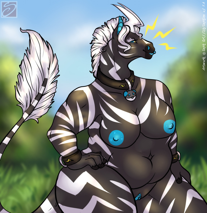 2021 anthro anthrofied belly black_body blue_nipples blue_pussy blurred_background collar collar_only equid female genitals hair hi_res looking_at_viewer mammal nintendo nipples nude outside pok&eacute;ball pok&eacute;ball_collar pok&eacute;mon pok&eacute;mon_(species) pok&eacute;morph portrait pussy saphine slightly_chubby solo stripes thick_thighs three-quarter_portrait video_games white_hair wide_hips zebstrika