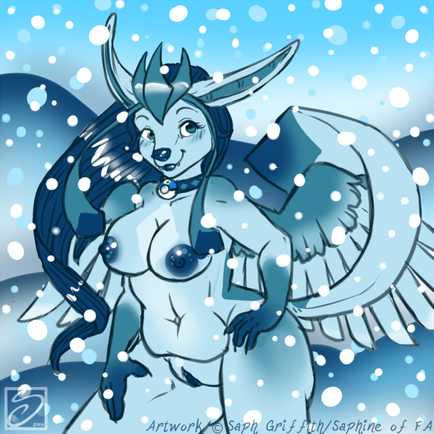 2016 anthro articuno belly blue_body blue_hair blue_nipples blue_pussy breasts collar eeveelution feathered_wings feathers female fusion genitals glaceon hair hand_on_hip hand_on_leg hand_on_thigh legendary_pok&eacute;mon long_ears looking_at_viewer nintendo nipples nude nude_female pok&eacute;ball pok&eacute;ball_collar pok&eacute;mon pok&eacute;mon_(species) pok&eacute;mon_fusion pok&eacute;morph pussy saphine snow snowing solo video_games wings