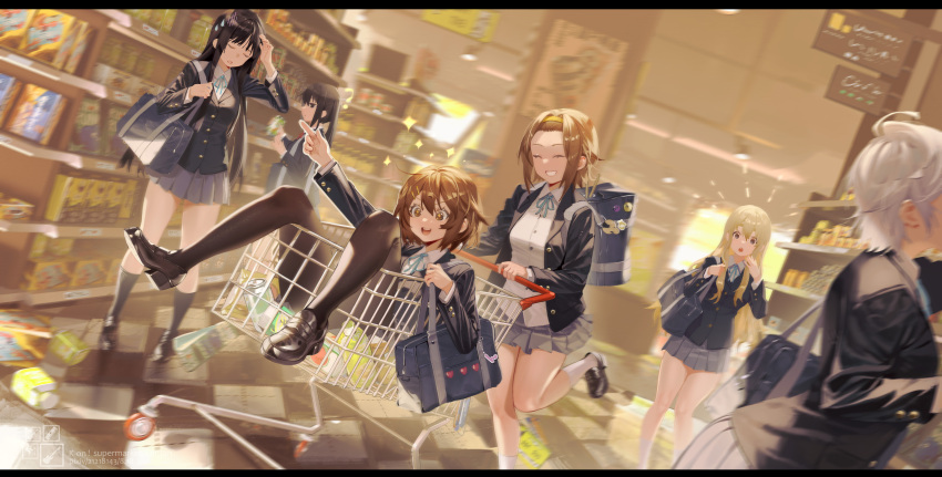 6+girls ? absurdres akiyama_mio arm_up bag bangs black_footwear black_hair black_legwear blazer blonde_hair blue_bag blue_jacket blue_ribbon blue_skirt brown_eyes brown_hair clenched_teeth closed_eyes closed_mouth commentary full_body hairband hand_to_own_head highres hirasawa_yui indoors jacket k-on! koi_han kotobuki_tsumugi long_hair long_sleeves multiple_girls nakano_azusa neck_ribbon open_mouth pantyhose pointing red_ribbon ribbon sakuragaoka_high_school_uniform school_bag school_uniform shirt shop shopping_cart short_hair skirt smile socks sparkle surprised tainaka_ritsu teeth upper_teeth white_legwear white_shirt yellow_hairband