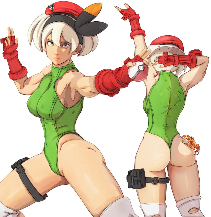 1girl alternate_breast_size animal_on_ass arms_up ass bea_(pokemon) beret black_hairband breasts cameltoe cammy_white cammy_white_(cosplay) cosplay covered_nipples crab crest english_commentary fighting_stance fingerless_gloves gloves green_leotard grey_eyes grey_hair hairband hat highleg highleg_leotard highres holding holding_poke_ball impossible_clothes impossible_leotard knee_pads large_breasts leotard multiple_views poke_ball poke_ball_(basic) pokemon pokemon_(game) pokemon_swsh red_gloves red_headwear short_hair solo_focus street_fighter thigh_pouch thigh_strap thong_leotard vambraces yoracrab