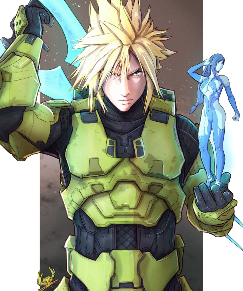1boy 1girl aqua_eyes black_bodysuit blonde_hair blue_hair blue_skin bodypaint bodysuit breasts cloud_strife colored_skin cortana cortana_(cosplay) cosplay crab energy_sword final_fantasy final_fantasy_vii final_fantasy_vii_remake halo_(series) halo_infinite highres holding holding_sword holding_weapon hologram large_breasts long_hair low-tied_long_hair master_chief master_chief_(cosplay) minigirl no_headwear no_helmet painted_clothes power_armor power_suit spartan_(halo) spiked_hair sword tifa_lockhart type-1_energy_sword weapon weapon_on_back yoracrab