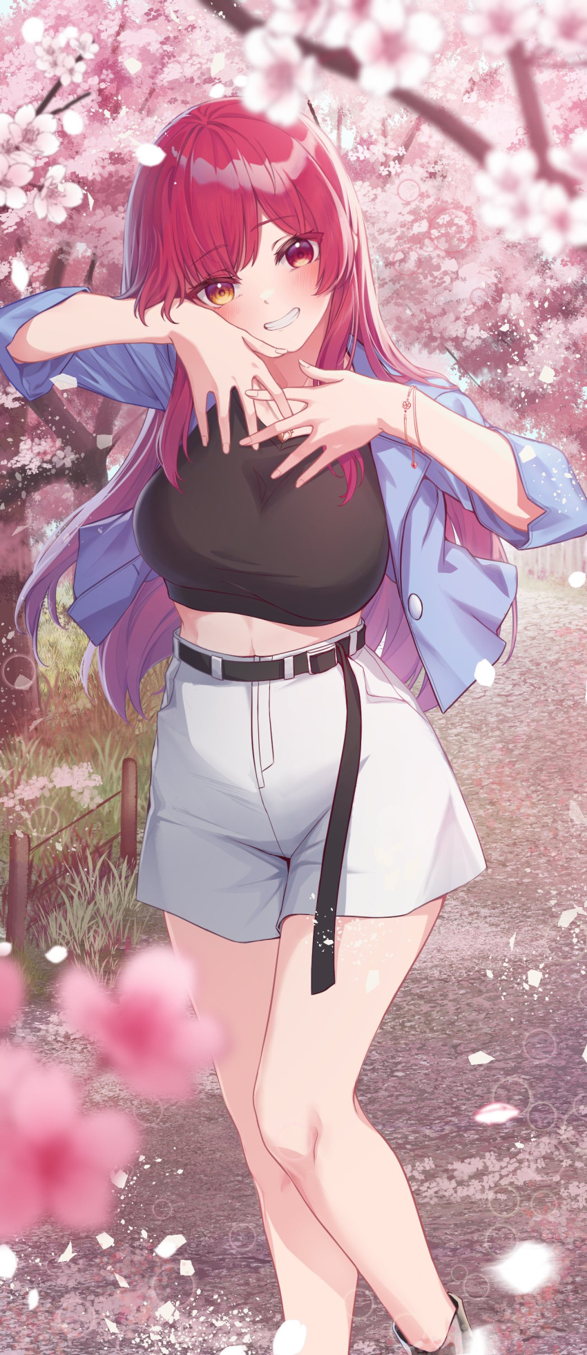 1girl absurdres bangs bare_legs belt black_belt black_shirt blue_jacket blurry blurry_background blurry_foreground blush breasts cherry_blossoms crop_top eyebrows_visible_through_hair flower grin heterochromia high-waist_shorts highres hololive houshou_marine jacket large_breasts long_hair long_sleeves looking_at_viewer midriff open_clothes open_jacket pink_flower red_eyes red_hair shirt shorts smile solo tang-du virtual_youtuber white_shorts yellow_eyes