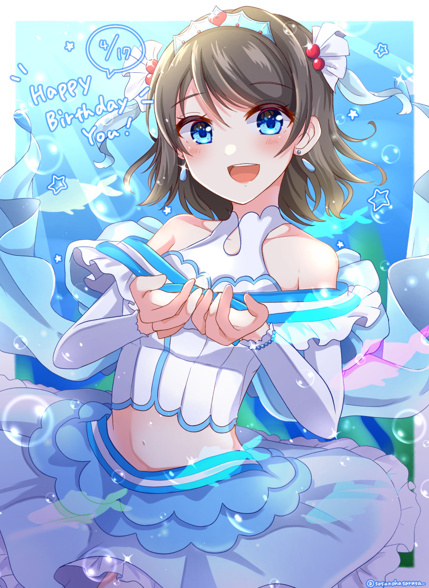 1girl absurdres bangs birthday blue_eyes blush bubble character_name cleavage_cutout clothing_cutout collarbone commentary dated detached_sleeves earrings english_text eyebrows_visible_through_hair grey_hair happy_birthday highres jewelry koi_ni_naritai_aquarium love_live! love_live!_sunshine!! midriff navel off_shoulder sasanohasarasa short_hair sidelocks solo star_(symbol) tiara twitter_username underwater watanabe_you