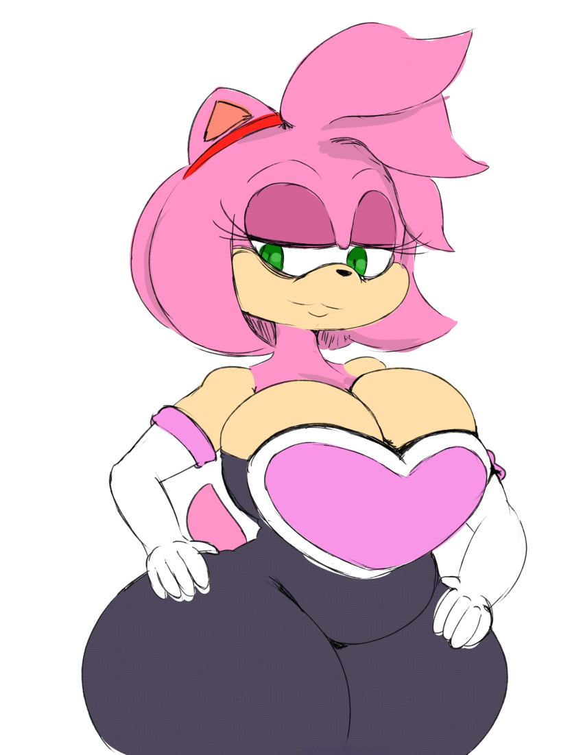 accessory amy_rose anthro big_breasts breasts cleavage clothed clothing cosplay eulipotyphlan female gloves green_eyes hair hair_accessory hairband half-closed_eyes hand_on_hip handwear hedgehog hi_res mammal multicolored_body narrowed_eyes neom-daddy pink_hair rouge_the_bat sega skinsuit solo sonic_the_hedgehog_(series) thick_thighs tight_clothing two_tone_body wide_hips