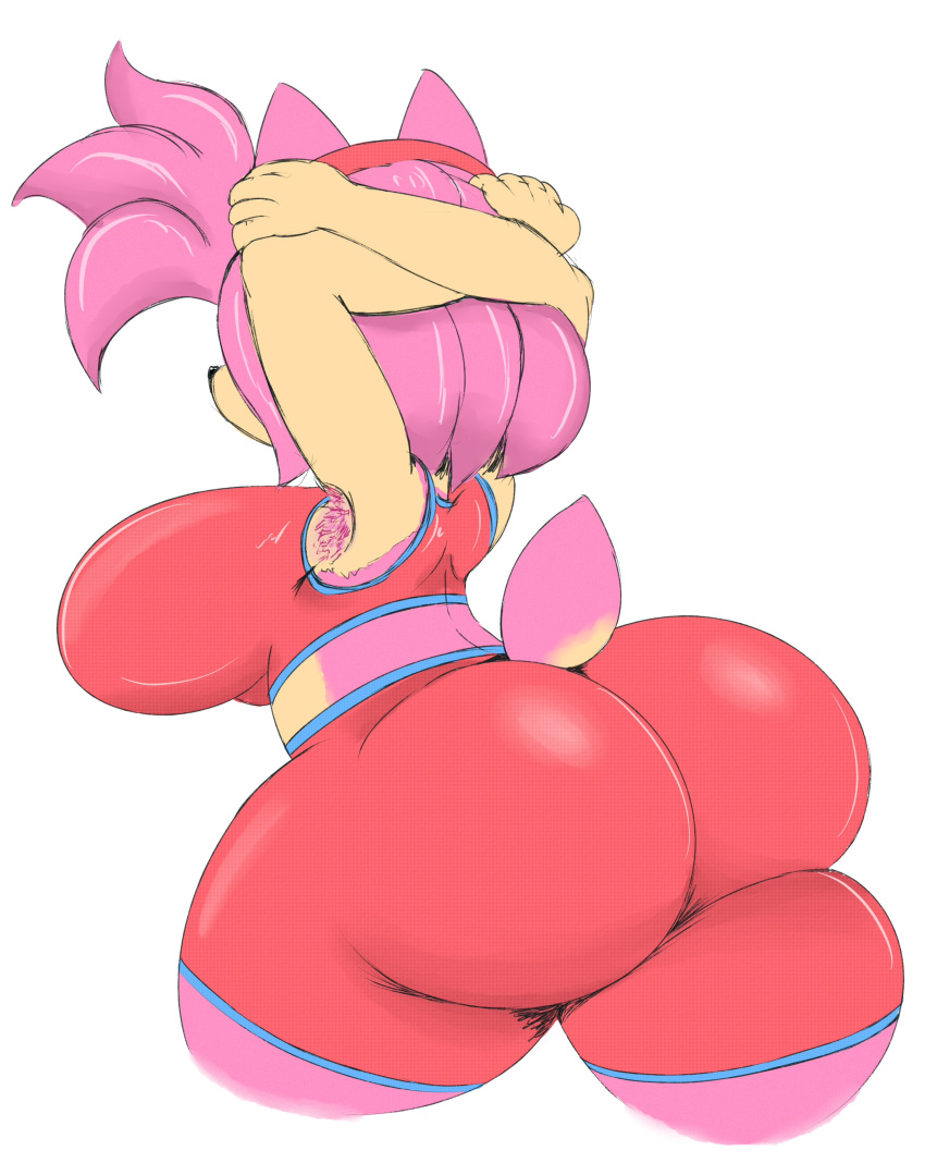 absurd_res amy_rose anthro armpit_hair big_breasts big_butt body_hair bottomwear bra breasts butt clothing eulipotyphlan female hair hands_behind_head hedgehog hi_res huge_breasts huge_butt mammal neom-daddy pink_hair raised_arms sega shorts solo sonic_the_hedgehog_(series) sports_bra thick_thighs underwear wide_hips