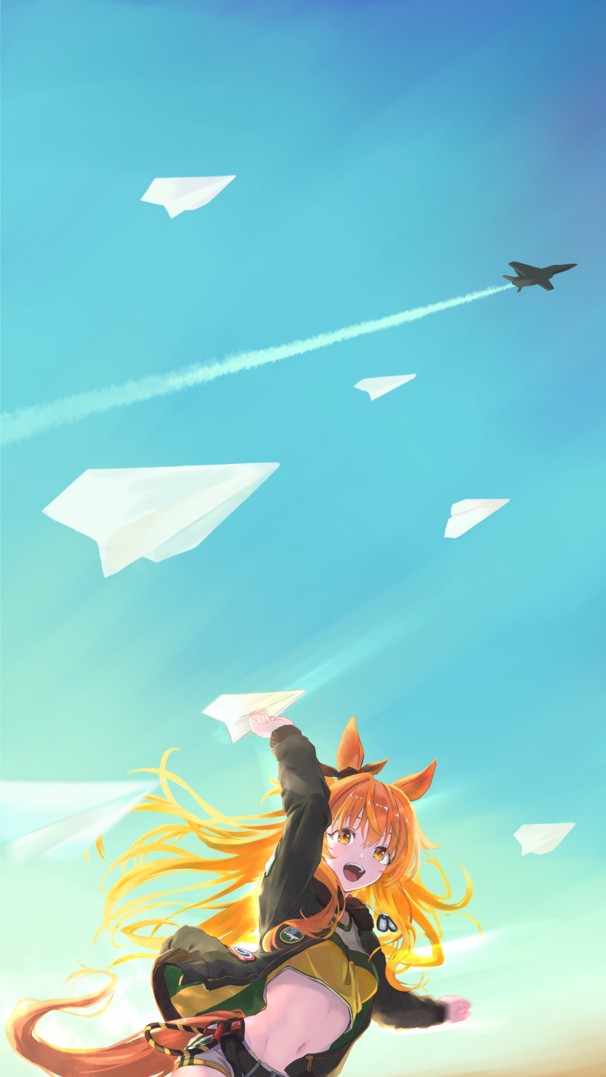 1girl absurdres aircraft airplane animal_ears arm_up bangs belt contrail crop_top dog_tags fighter_jet green_jacket groin highres horse_ears horse_girl horse_tail jacket jet long_hair long_sleeves maru_aki mayano_top_gun_(umamusume) midriff military military_vehicle navel open_clothes open_jacket open_mouth orange_eyes orange_hair paper_airplane shorts sky smile tail umamusume upper_body white_shorts