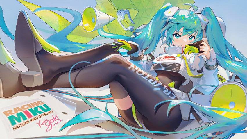 1girl absurdres aqua_eyes aqua_hair asymmetrical_bodysuit black_bodysuit bodysuit boots crop_top crop_top_overhang cropped_jacket crossed_legs flag flagpole flame_print glove_in_mouth gloves goodsmile_racing hatsune_miku highres jpeg_artifacts long_hair long_sleeves looking_at_viewer mouth_hold pole racing_miku racing_miku_(2022) removing_glove single_thigh_boot smiley_face speaker tapiokaro_(ximilul) thigh_boots thighhighs twintails two-tone_gloves very_long_hair vocaloid