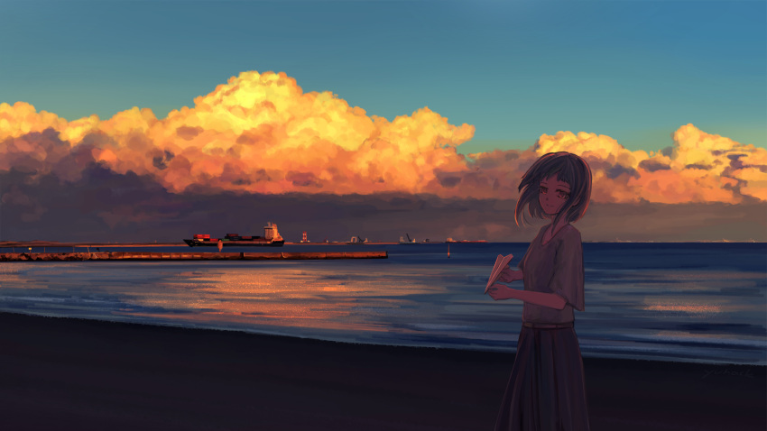 1girl blue_skirt blue_sky cloud commentary_request container_ship crane_(machine) green_shirt harbor highres holding holding_paper_airplane long_skirt looking_at_viewer ocean original outdoors paper_airplane scenery ship shipping_container shirt shore short_hair short_sleeves skirt sky smile solo standing water watercraft yuhack
