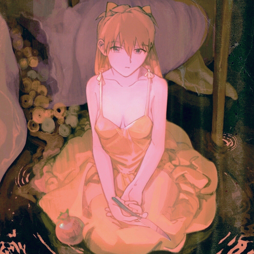 1girl 7enn bangs bare_arms blue_eyes breasts cleavage collarbone dress expressionless eyebrows_visible_through_hair food fruit hair_between_eyes highres holding holding_knife interface_headset knife long_hair looking_at_viewer muted_color neon_genesis_evangelion orange_hair pomegranate ripples sitting sleeveless sleeveless_dress small_breasts solo souryuu_asuka_langley spaghetti_strap sundress two_side_up water yellow_dress